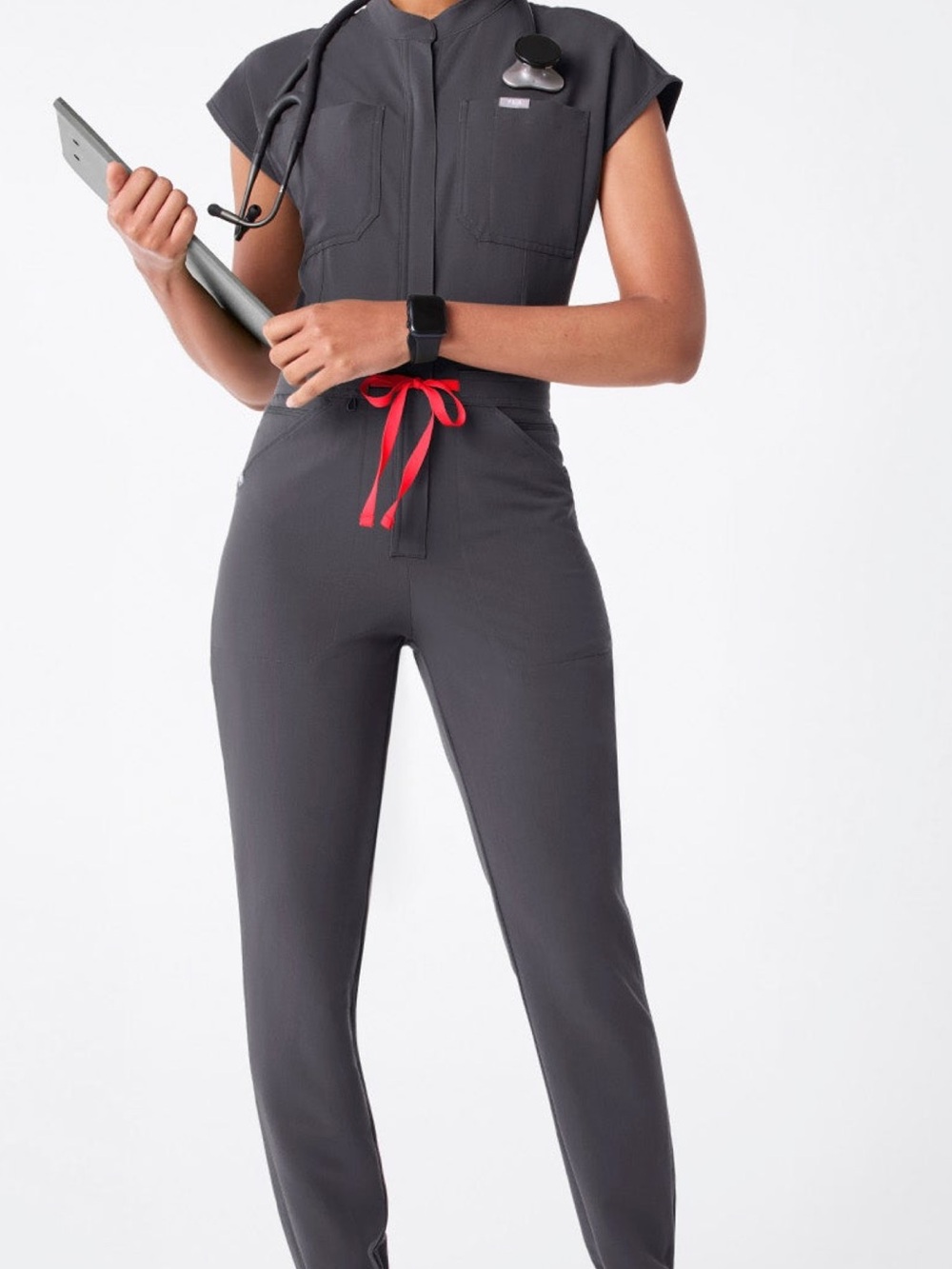 Figs Charcoal Jumpsuit with Red Drawstring